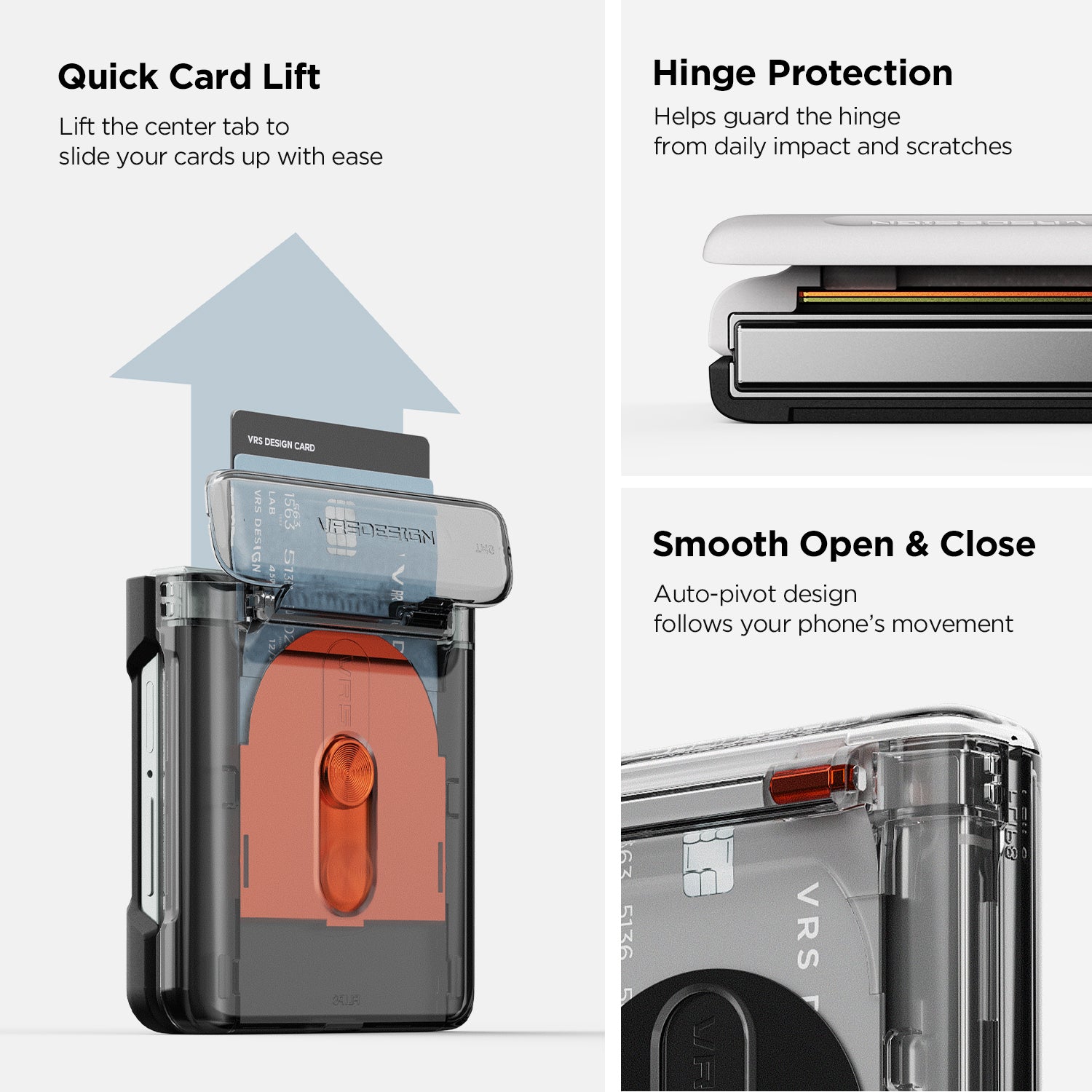 Slide-assist card holder on the VRS DESIGN Modern GO case for quick and convenient card access.