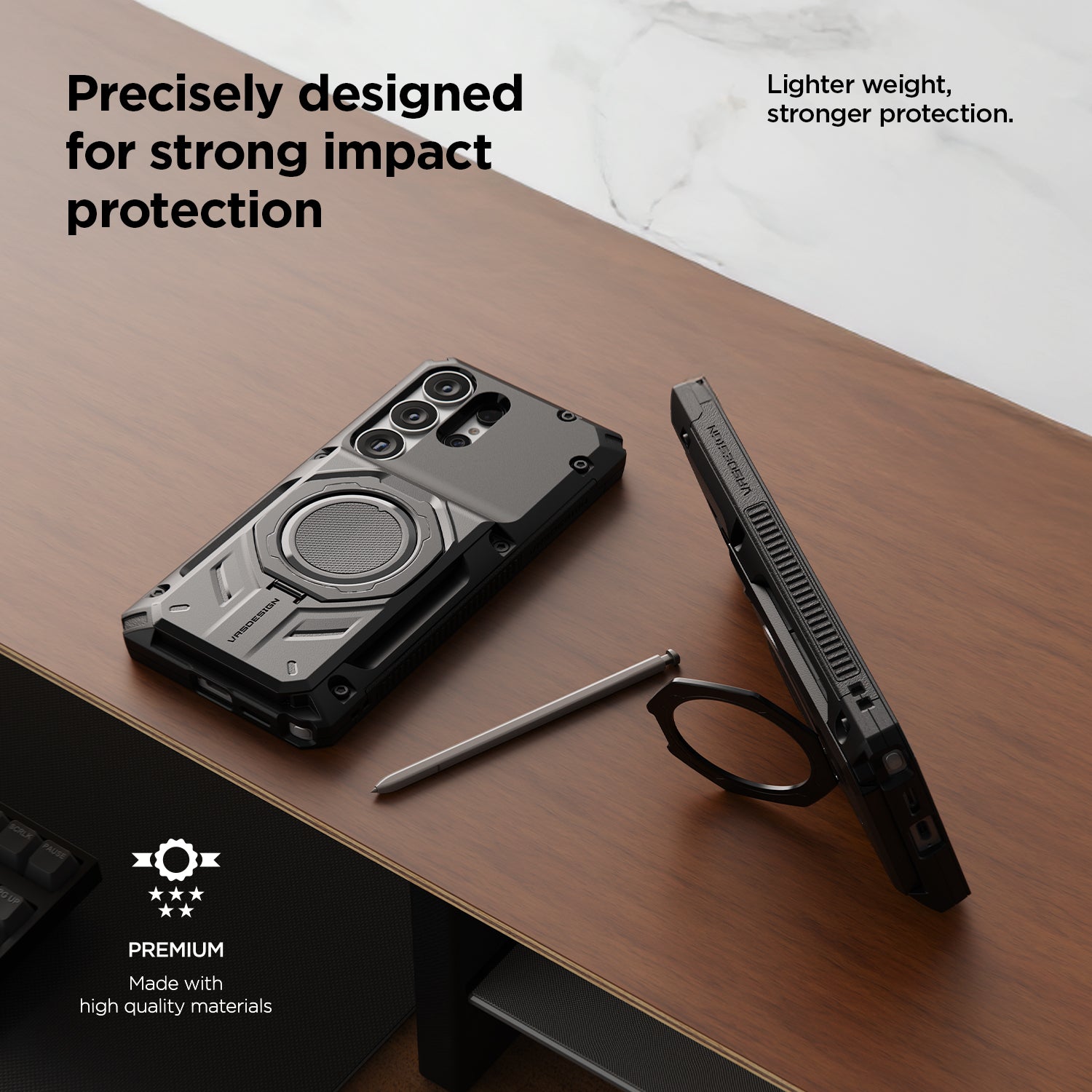 Phone case with knife on a desk, emphasizing impact protection and quality materials.