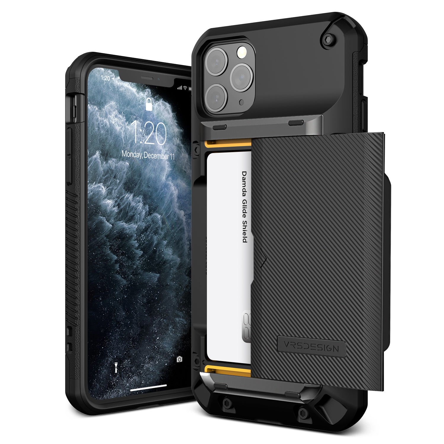 iPhone 11 Pro Max Case Damda Glide Pro High quality TPU material Body and Real Metal Stripe for extreme drop protection Sufficient 3-4 card tough storage that heavily limits wireless charging.