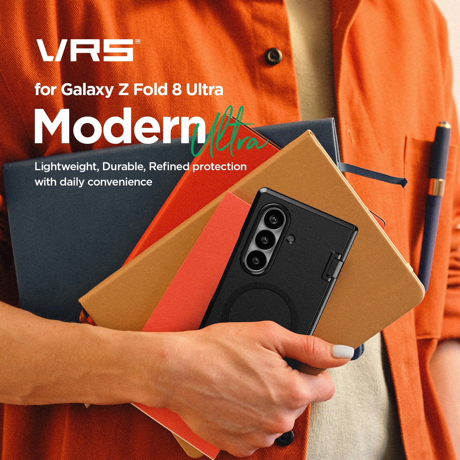 Galaxy Z Fold 8 Ultra opened with the VRS DESIGN Modern case installed for full-device protection.