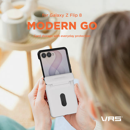 Samsung Galaxy Z Flip 8 shown open with the VRS DESIGN Modern GO wallet case installed.
