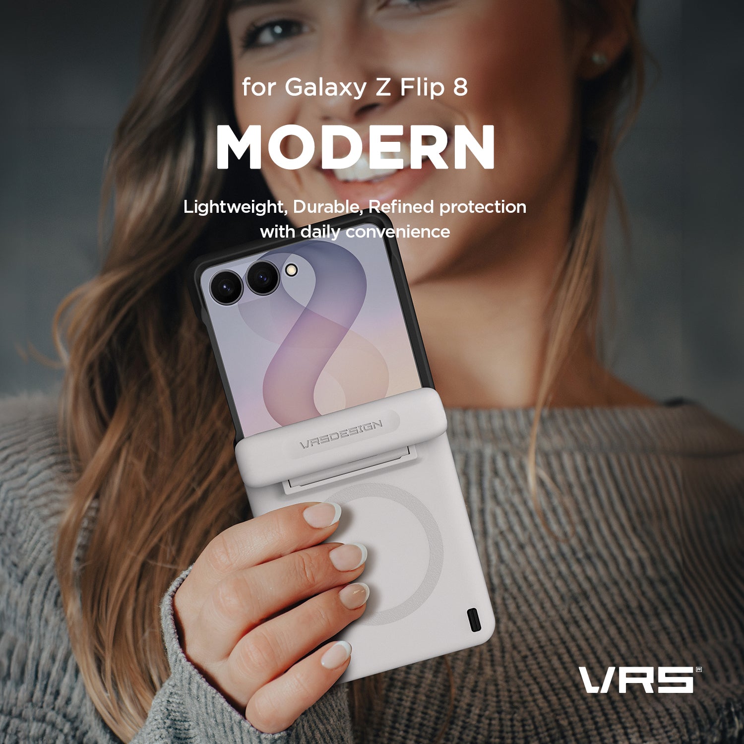 Samsung Galaxy Z Flip 8 shown open with the VRS DESIGN Modern case installed.
