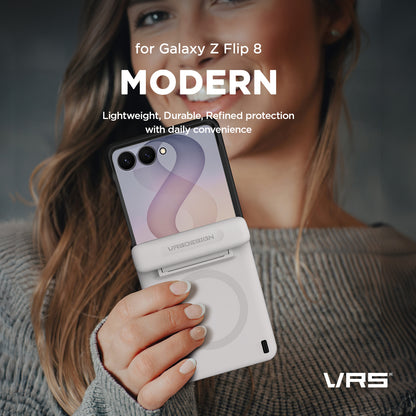 Samsung Galaxy Z Flip 8 shown open with the VRS DESIGN Modern case installed.