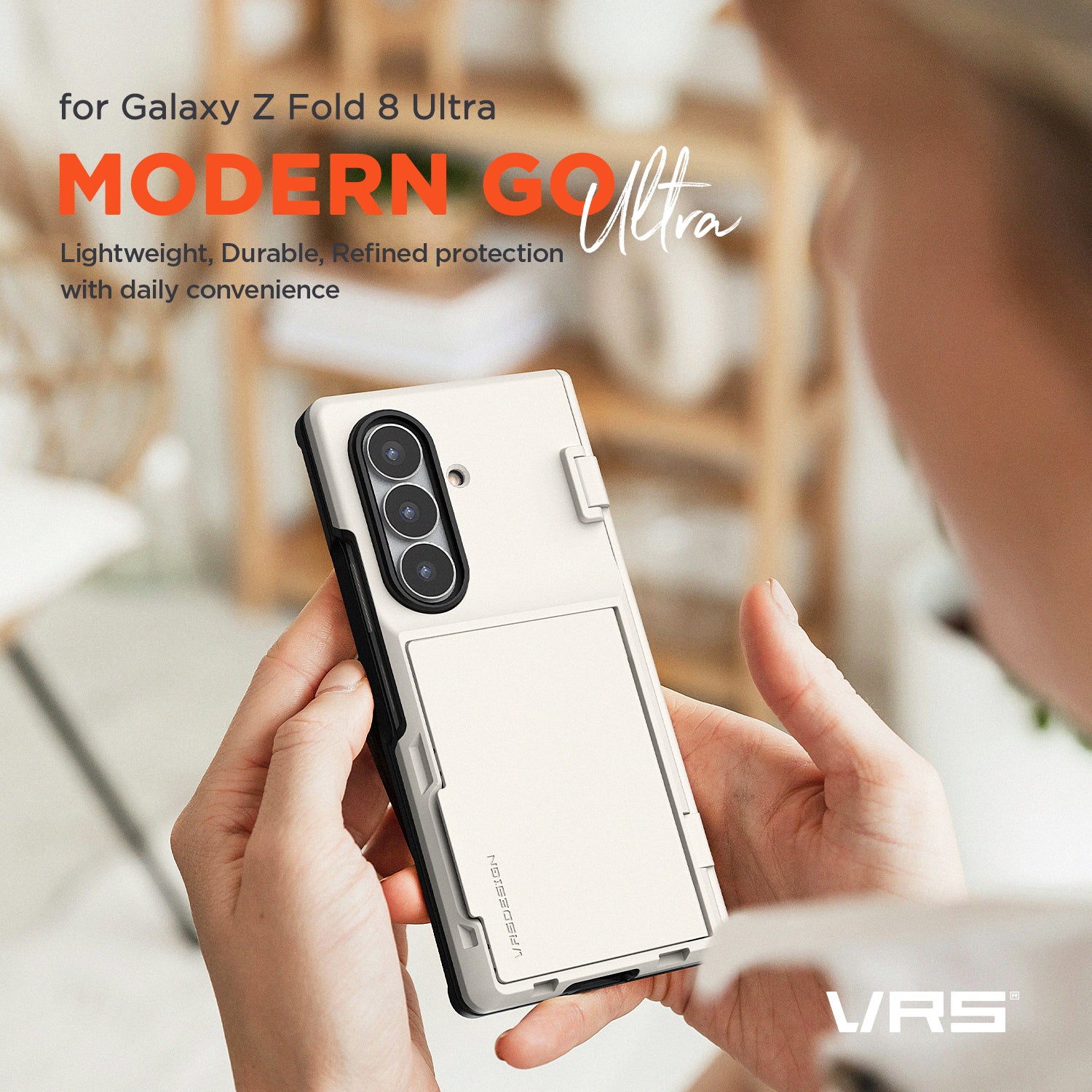 Samsung Galaxy Z Fold 8 Ultra shown open with the VRS DESIGN Modern GO wallet case installed.