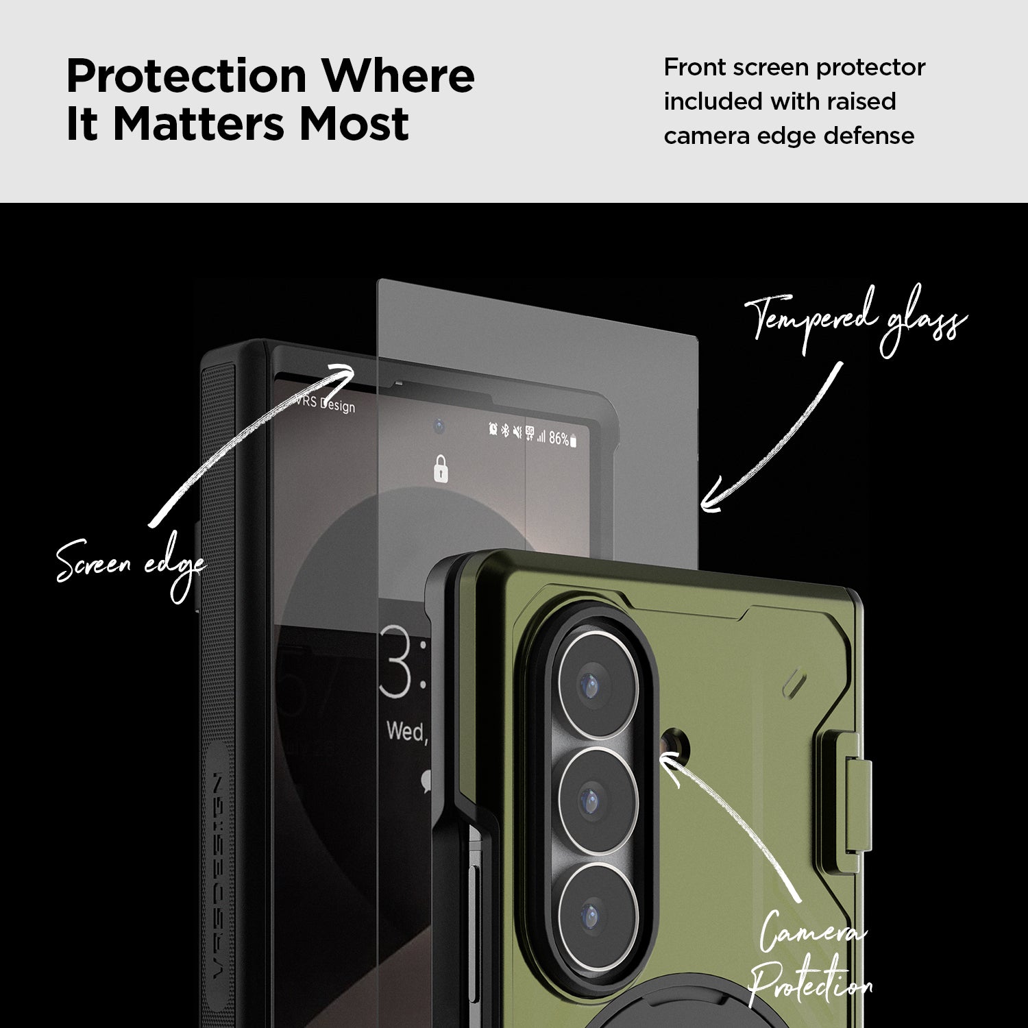 Raised camera edges on the Active case help protect the Galaxy Z Fold 8 Ultra camera lenses from scratches.