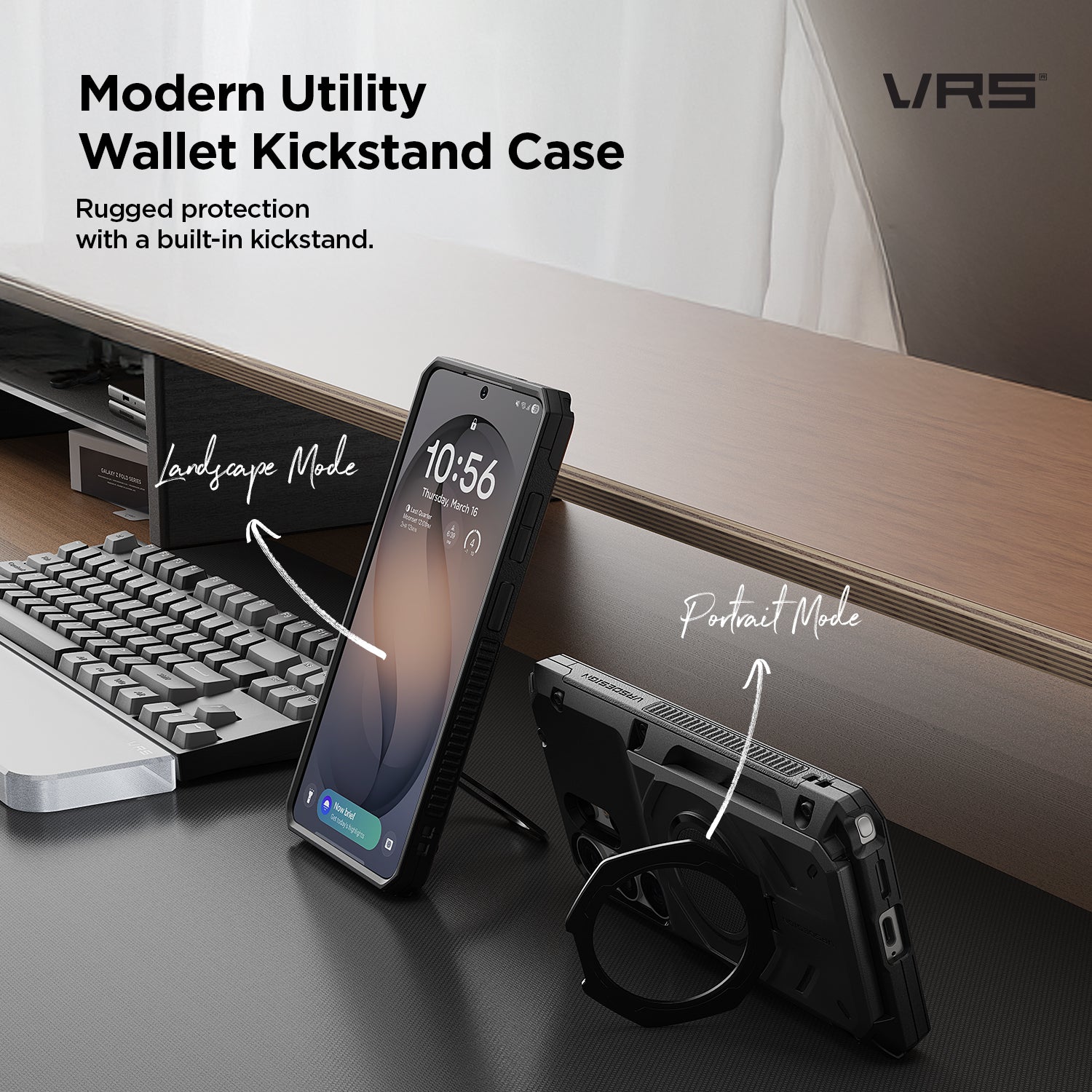 Phone case with built-in kickstand on a desk with keyboard and monitor, VRS brand visible