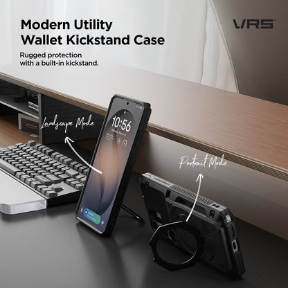 Phone case with built-in kickstand on a desk with keyboard and monitor, VRS brand visible