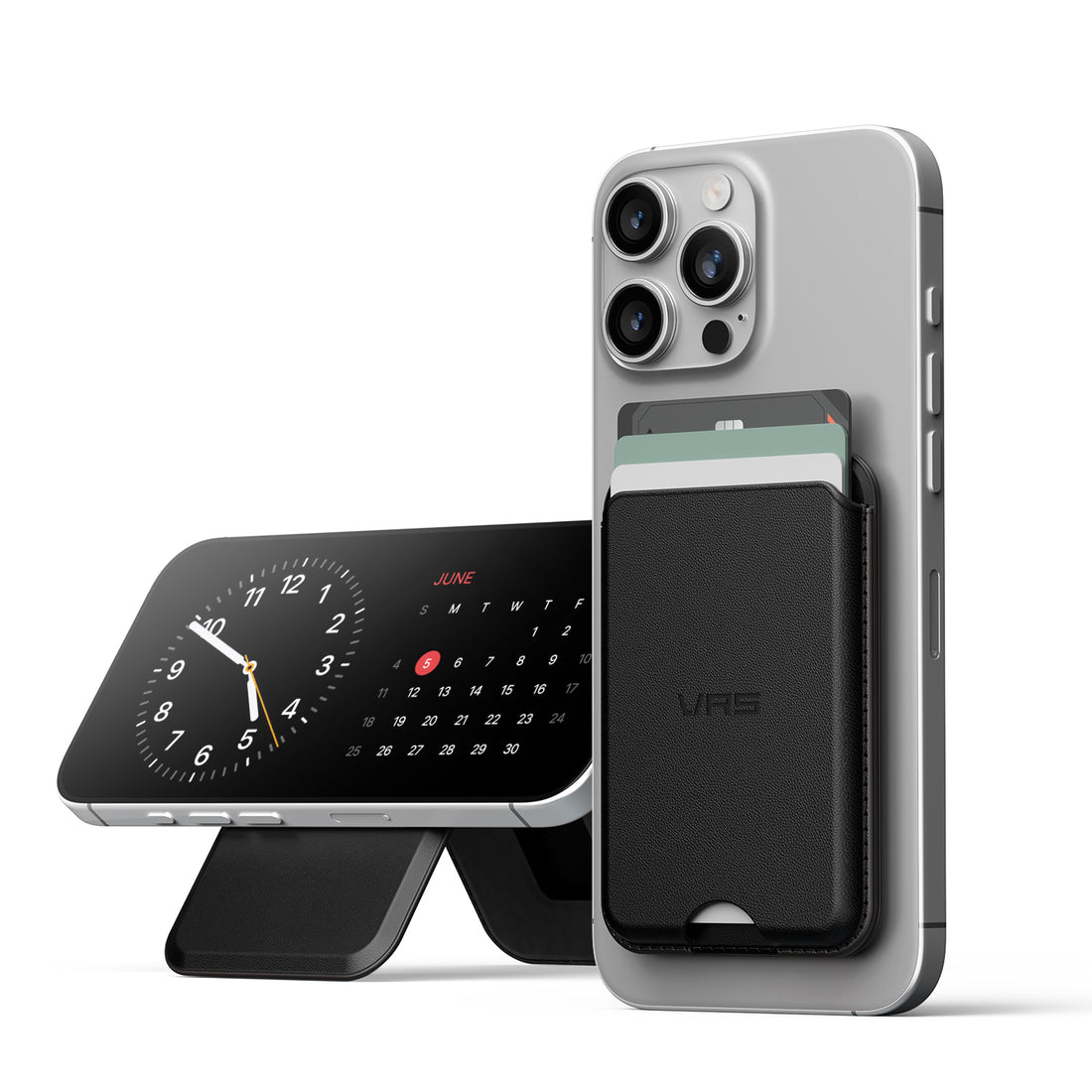 Premium iPhone Samsung MagSafe wallet with kickstand made in Luxury Faux Leather. Compatible with VRS mobile accessories and clear protective cases.