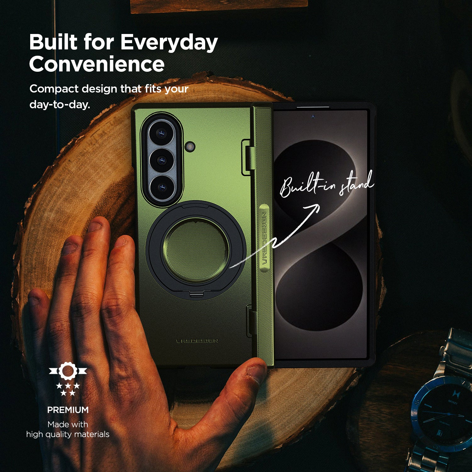 VRS DESIGN Modern Quickstand Pro case combining a slim profile, hinge protection, and a convenient built-in stand.