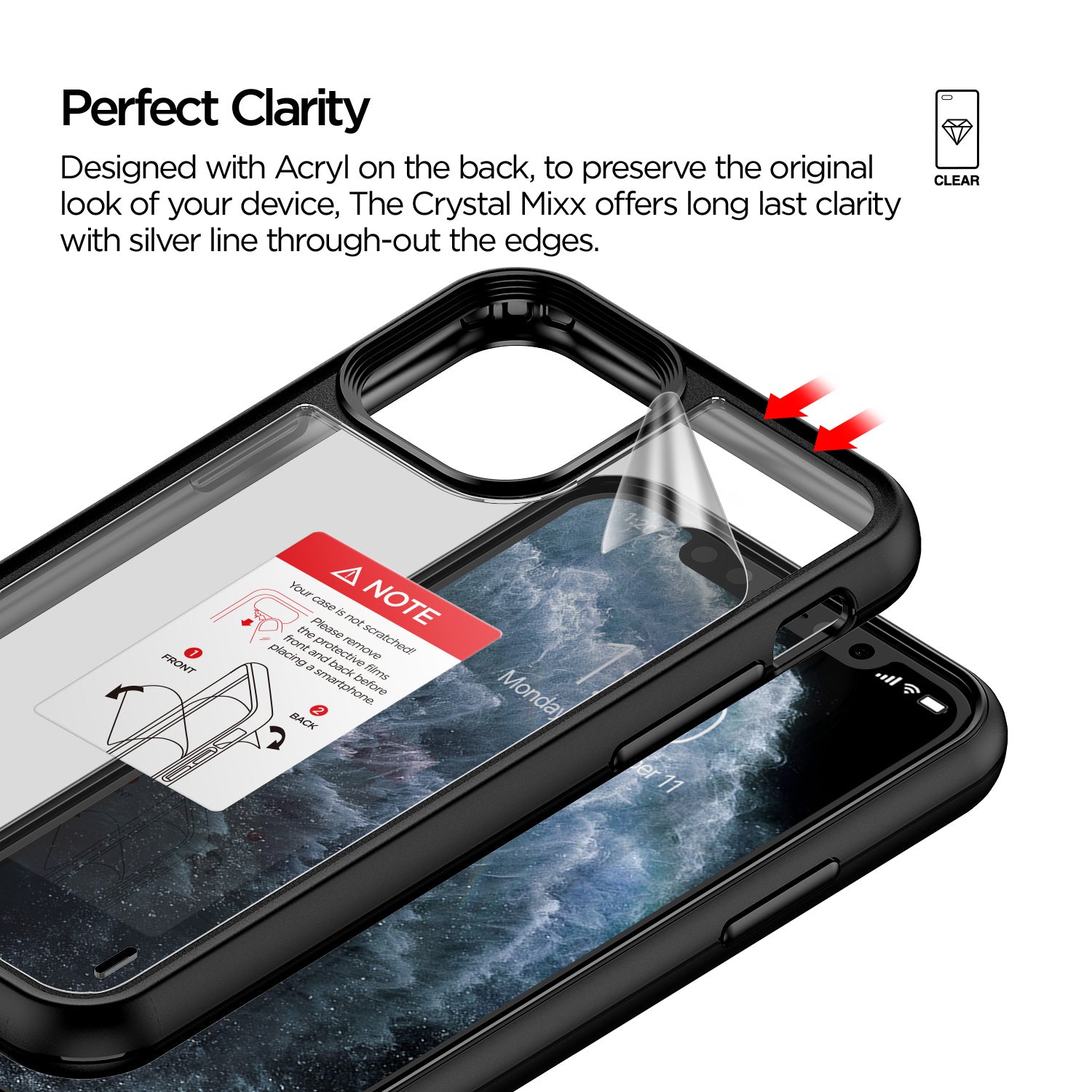 iPhone 11 Pro Max Case Damda Crystal Mixx Clear acrylic body prevent scratches and provide flawless transparent case.