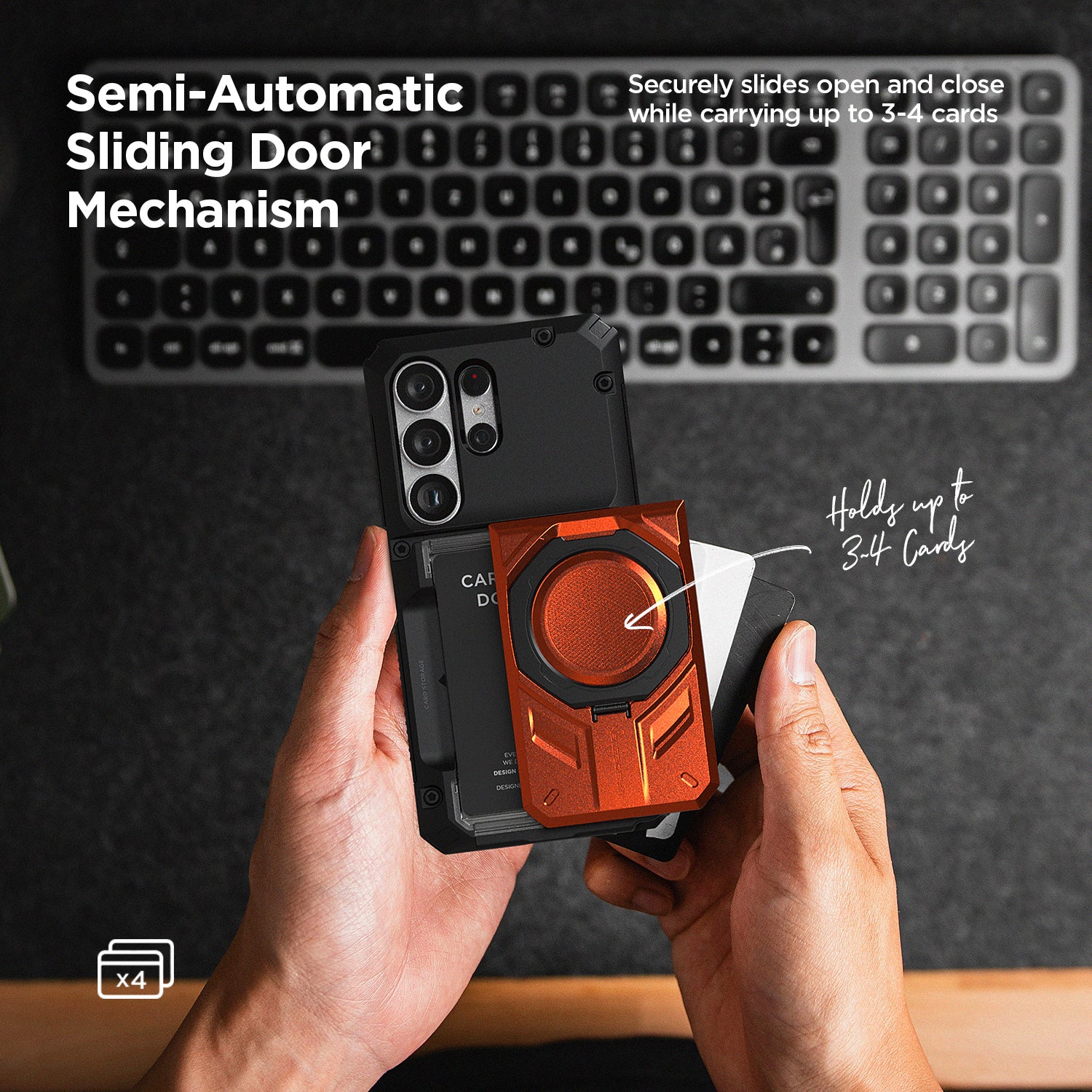 Person holding a phone case with a sliding door mechanism, keyboard in the background