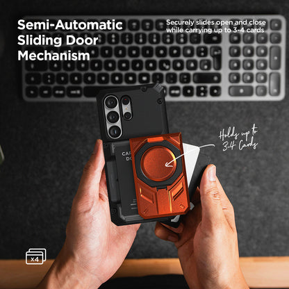 Person holding a phone case with a sliding door mechanism, keyboard in the background