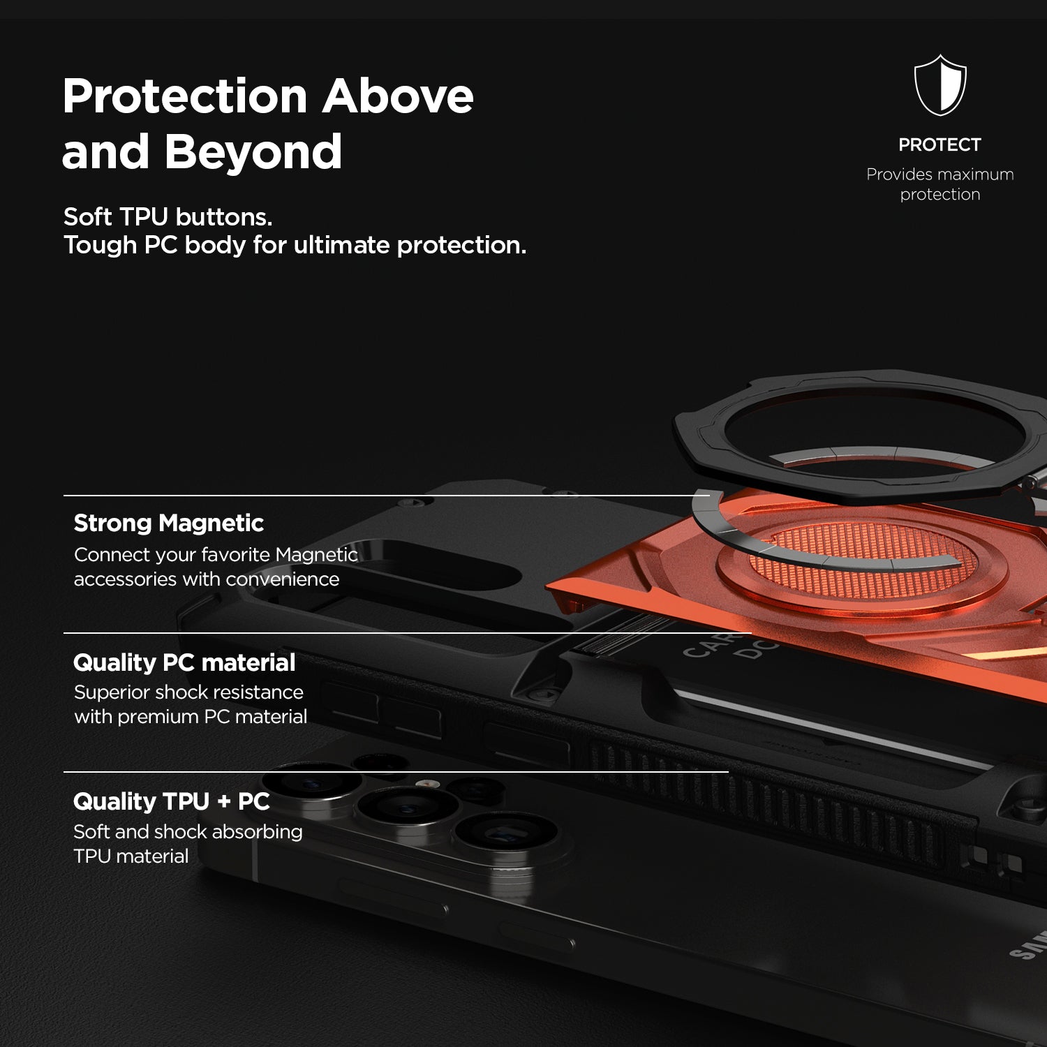 Product with text highlighting features like soft TPU buttons and tough PC body on a dark background. Durable heavy-duty bumper case with kickstand for Samsung S26 Ultra