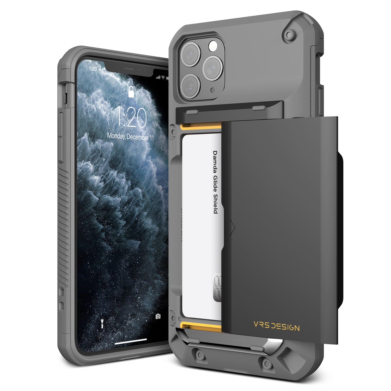 iPhone 11 Pro Case Damda Glide Pro High quality TPU material Body and Real Metal Stripe for extreme drop protection Sufficient 3-4 card tough storage that heavily limits wireless charging.