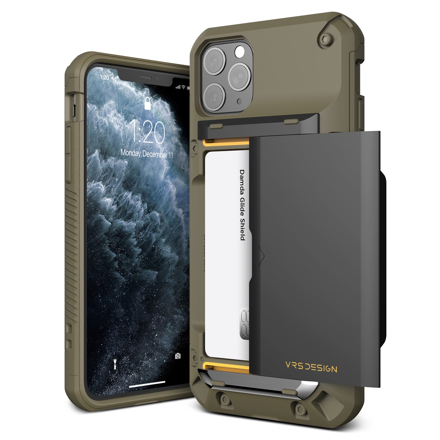 iPhone 11 Pro Case Damda Glide Pro High quality TPU material Body and Real Metal Stripe for extreme drop protection Sufficient 3-4 card tough storage that heavily limits wireless charging.