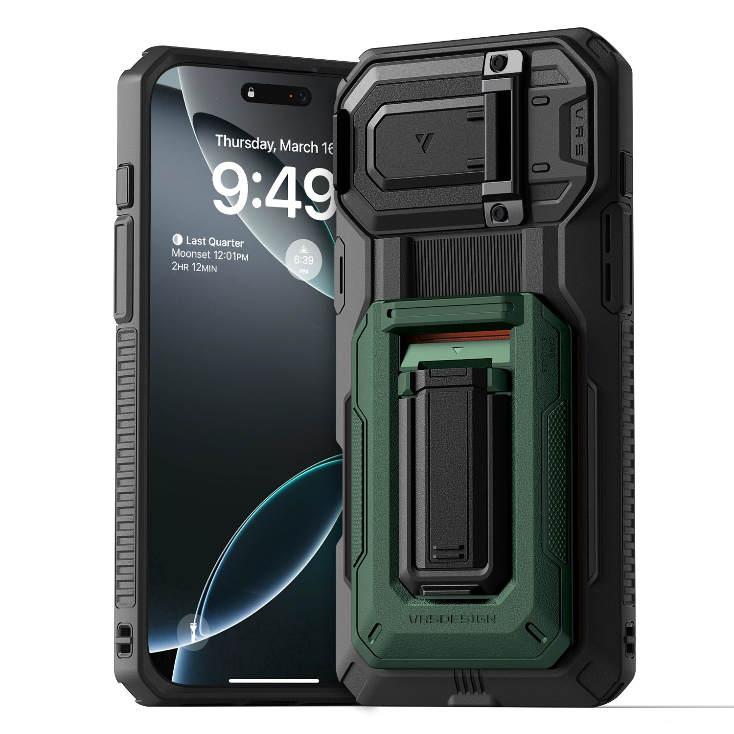 iPhone 16 Pro Max Case Origin Card Holder Wallet Case with Built-in Camera Protector and Kickstand by VRS Design Metallic Green