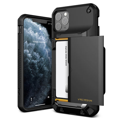 iPhone 11 Pro Max Case Damda Glide Pro High quality TPU material Body and Real Metal Stripe for extreme drop protection Sufficient 3-4 card tough storage that heavily limits wireless charging.